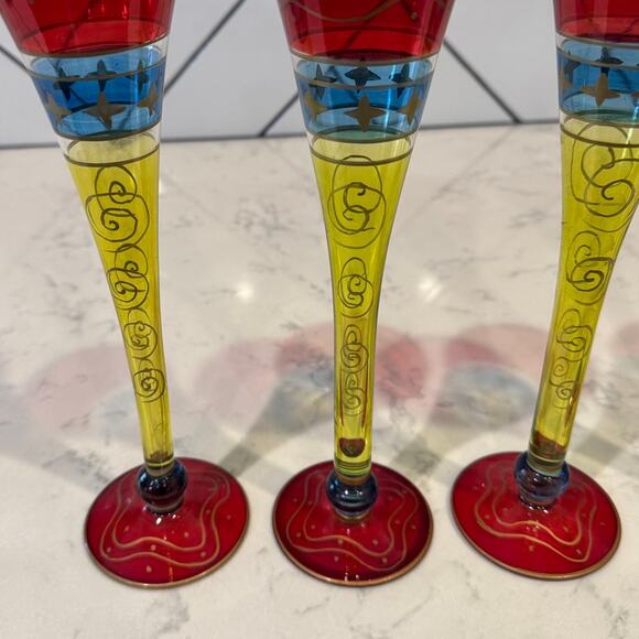 Pier 1 Fluted Champagne Glasses Set Red Blue Yellow Gold Swirls star Stemware x4 - Picture 4 of 8